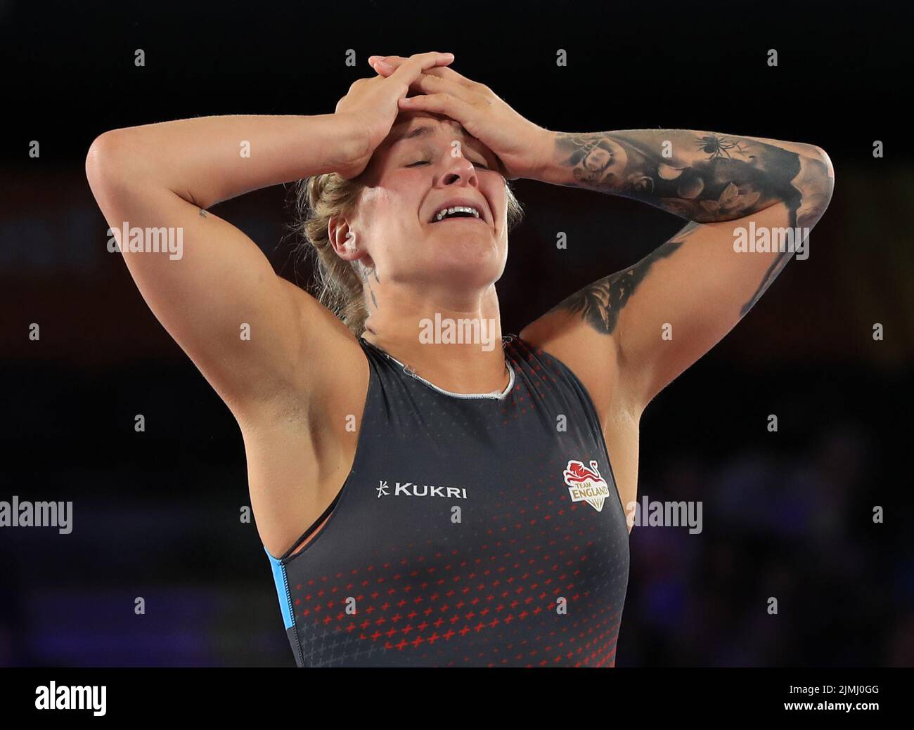 England’s Georgina Nelthorpeat celebrates winning against Sierra Leone’s in the Women’s 76kg Bronze Medal match at the Coventry Arena on day nine of the 2022 Commonwealth Games. Picture date: Saturday August 6, 2022. Stock Photo