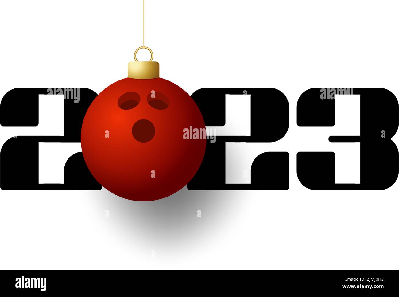 Bowling 2023 Happy New Year. Sports greeting card with golden bowling