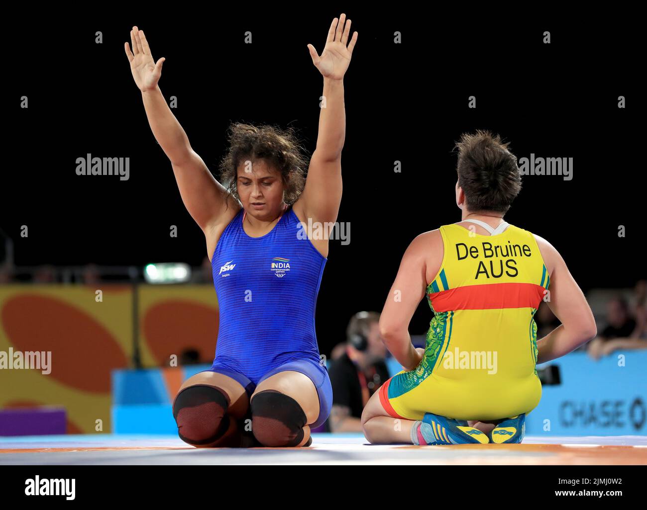 India’s Pooja Sihag celebrates winning against Australia’s Naomi de Bruine in the Women’s 76kg Bronze Medal match at the Coventry Arena on day nine of the 2022 Commonwealth Games. Picture date: Saturday August 6, 2022. Stock Photo