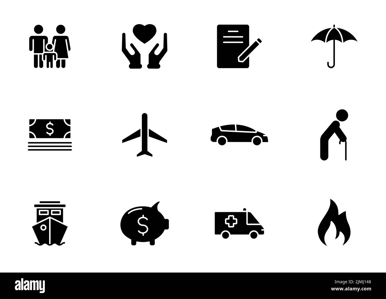 Insurance silhouette vector icons isolated on white. Insurance icon set for web, mobile apps, ui design and print Stock Vector