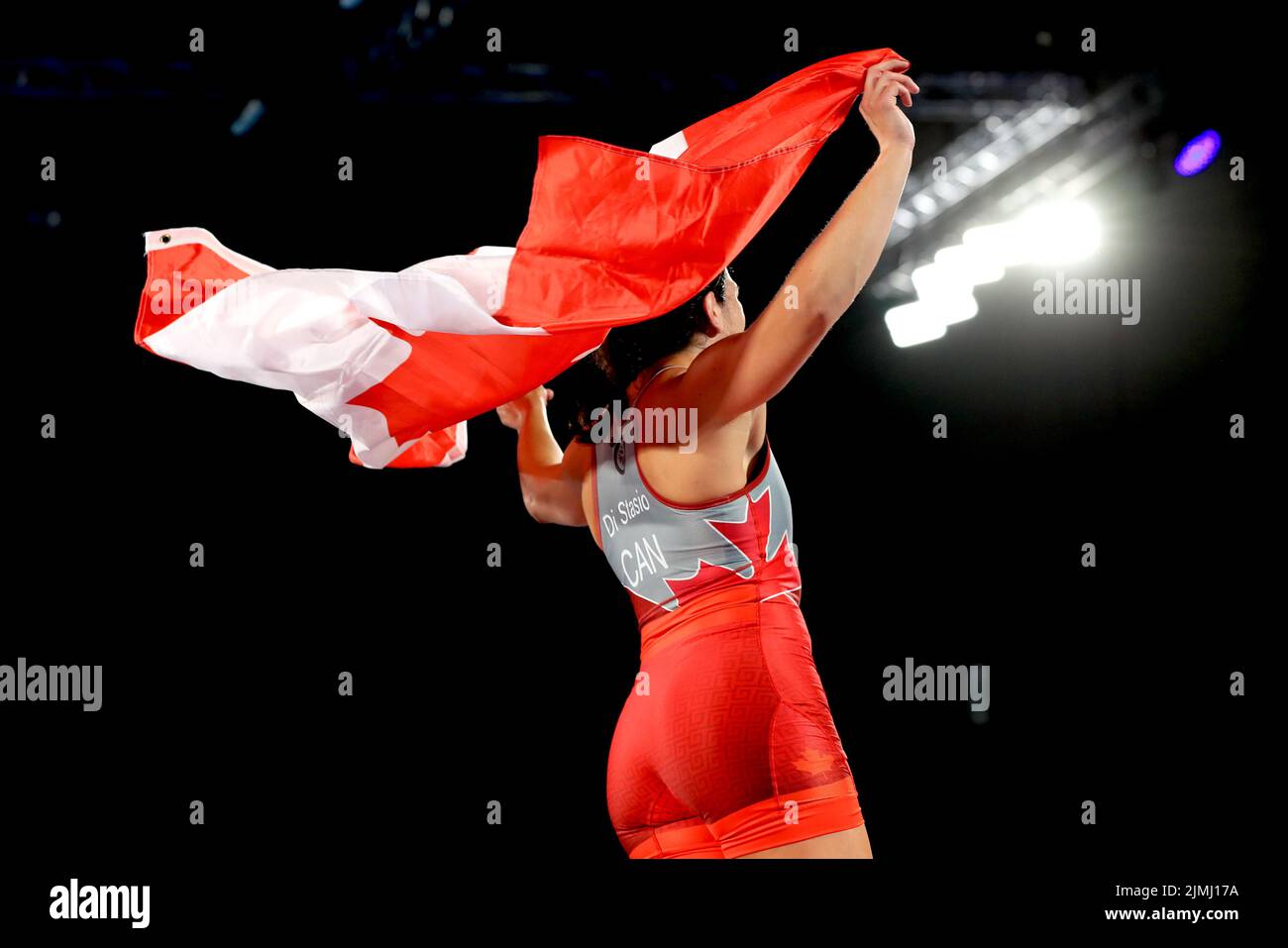 Canada’s Justina di Stasio celebrates winning against Nigeria’s Hannah Amuchechi Rueben in the Women’s 76kg Gold Medal match at the Coventry Arena on day nine of the 2022 Commonwealth Games. Picture date: Saturday August 6, 2022. Stock Photo