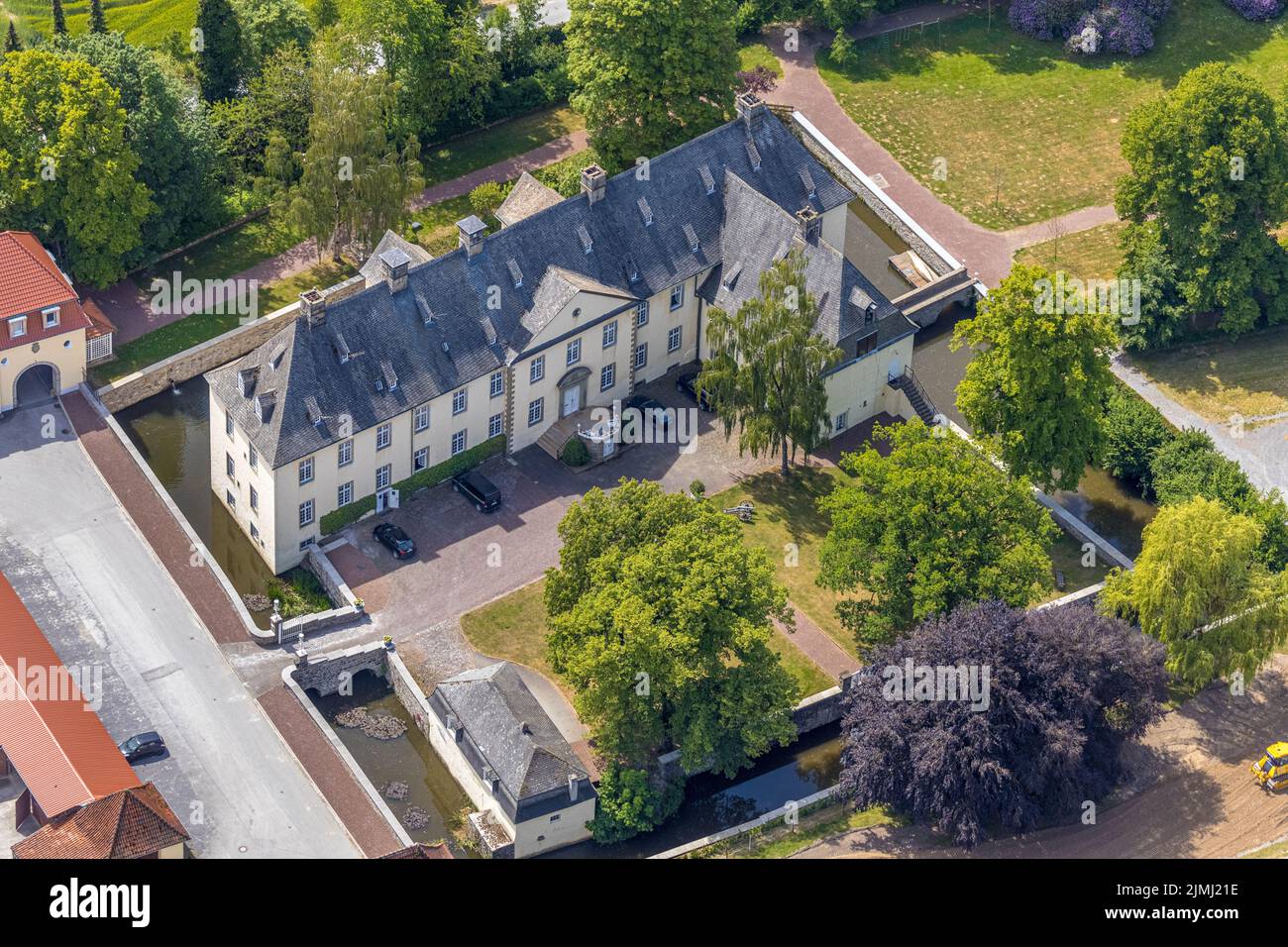 Aerial view, Wocklum Castle, Balve, Sauerland, North Rhine-Westphalia, Germany, DE, Europe, manor house, manor house, manor building, courtyard, aeria Stock Photo