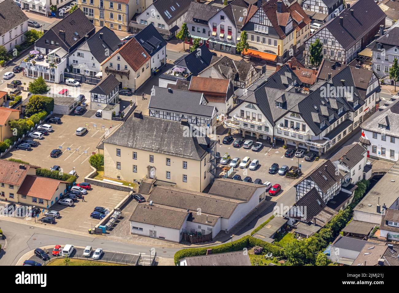 Aerial view, Drostenplatz, Mühlenweg, Balve, Sauerland, North Rhine-Westphalia, Germany, DE, Europe, half-timbered houses, commercial buildings, aeria Stock Photo