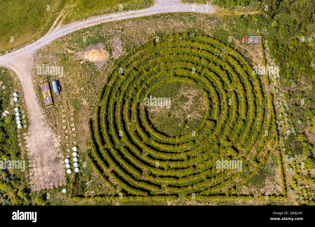 Aerial view, labyrinth, Schultenhof, Balve, Sauerland, North Rhine-Westphalia, Germany, DE, Europe, shapes and colors, garden art, maze, art, aerial p Stock Photo