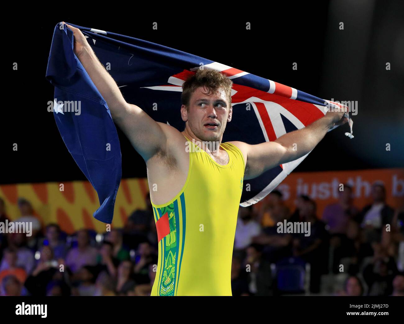New Zealands’ Thomas Barns celebrates winning against Samo’s Maulalo Willie Alofipo in the Men’s 97kg Bronze Medal match at the Coventry Arena on day nine of the 2022 Commonwealth Games. Picture date: Saturday August 6, 2022. Stock Photo