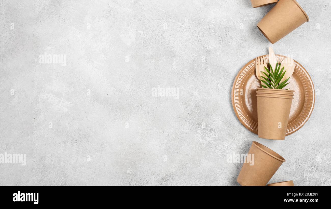 Eco friendly disposable paper tableware copy space arrangement Stock Photo