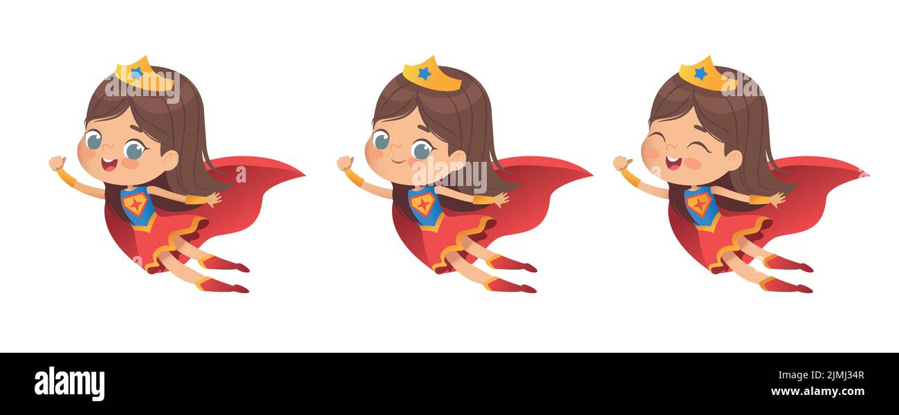 Flying Brown Hair Girl wearing colorful costumes of superheroe, isolated on white background Stock Vector