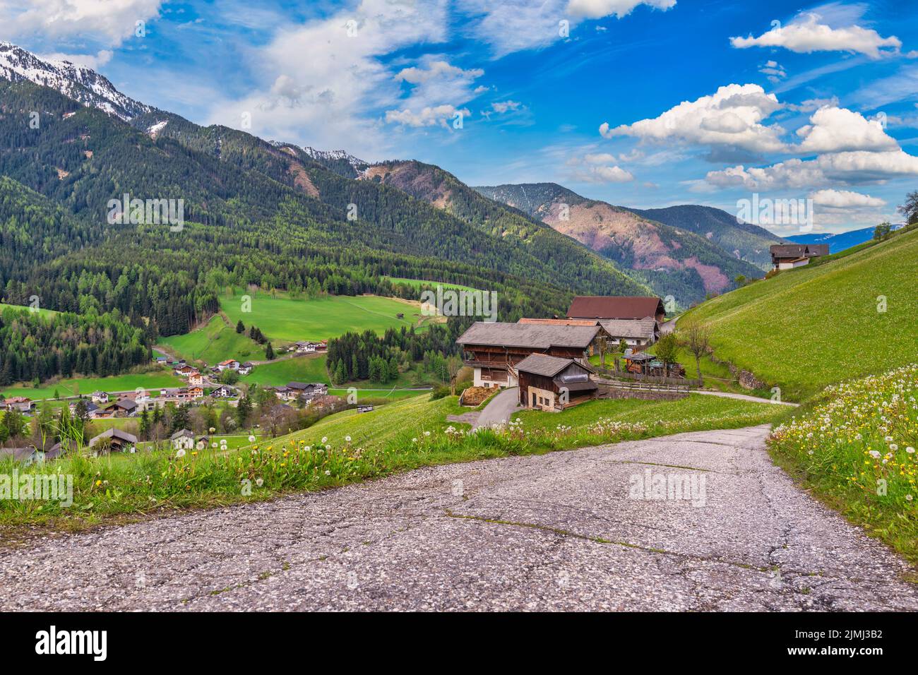 Dolomites Alps mountain landscape at Santa Maddalena village with walk path, St. Magdalena Italy Stock Photo