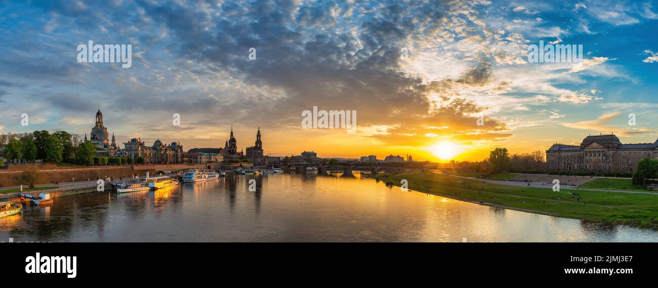 Dresden Germany, panorama sunset city skyline at Elbe River and Augustus Bridge Stock Photo