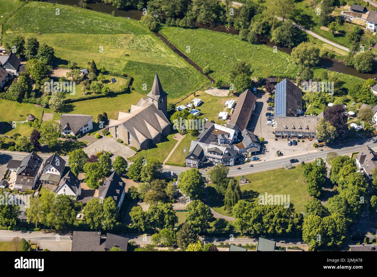 Aerial view, catholic church St. Cäcilia, hotel Haus Hochstein, Wenholthausen, Eslohe, Sauerland, North Rhine-Westphalia, Germany, devotional site, DE Stock Photo