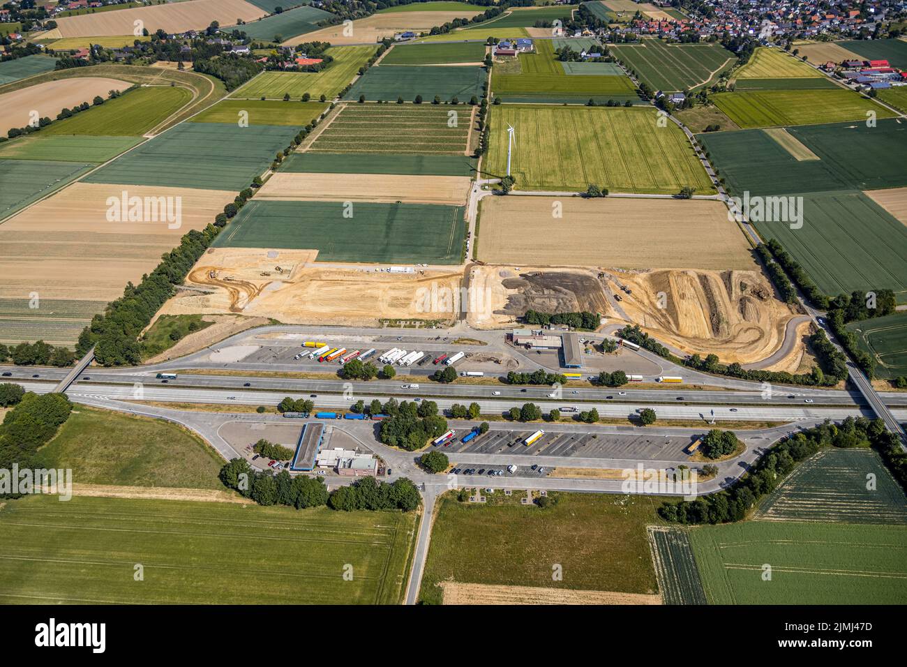 Aerial view, construction work at rest area Am Haarstrang Nord, freeway A44, Westbüderich, Werl, Soester Börde, North Rhine-Westphalia, Germany, Soest Stock Photo