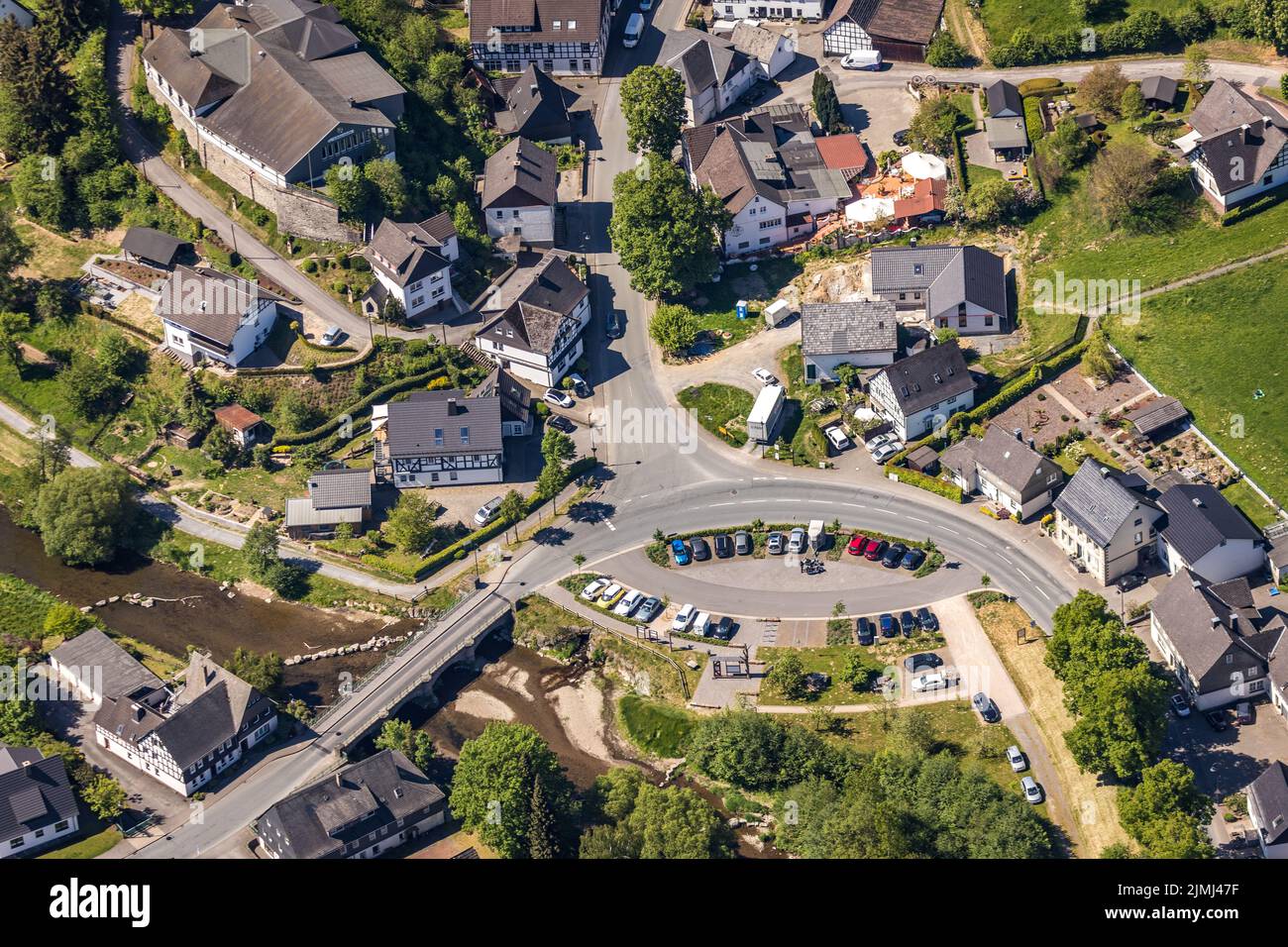 Aerial view, historical Wenne bridge, river Wenne, Königstraße, Wenholthausen, Eslohe, Sauerland, North Rhine-Westphalia, Germany, bridge, DE, Europe, Stock Photo
