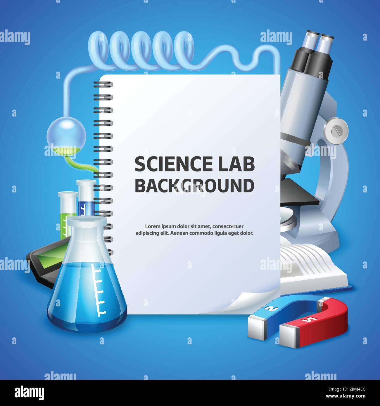 Science lab poster with notepad and laboratory equipment on blue background realistic vector illustration Stock Vector
