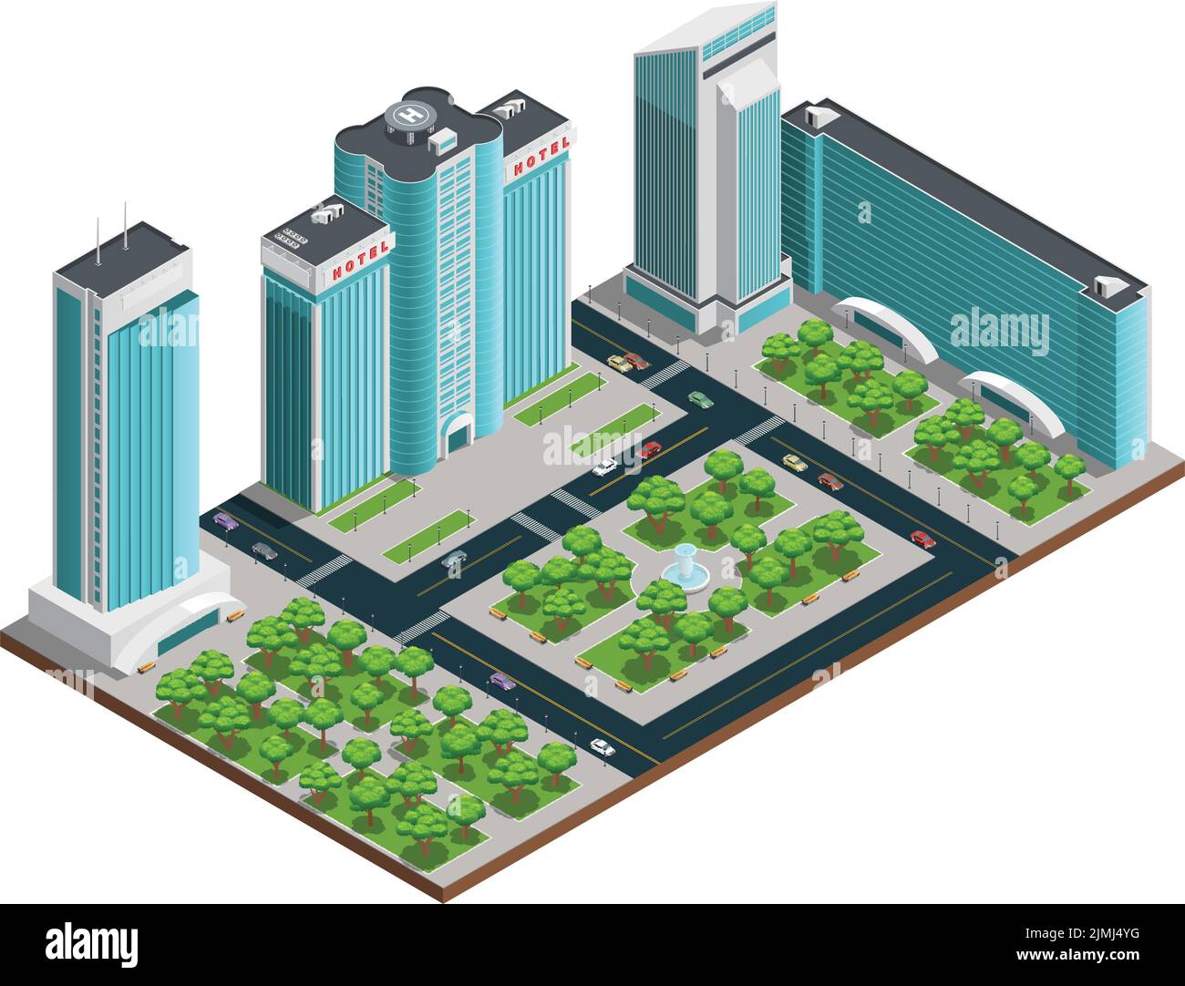 Modern cityscape isometric composition with many storeyed buildings and green parks on white background vector illustration Stock Vector