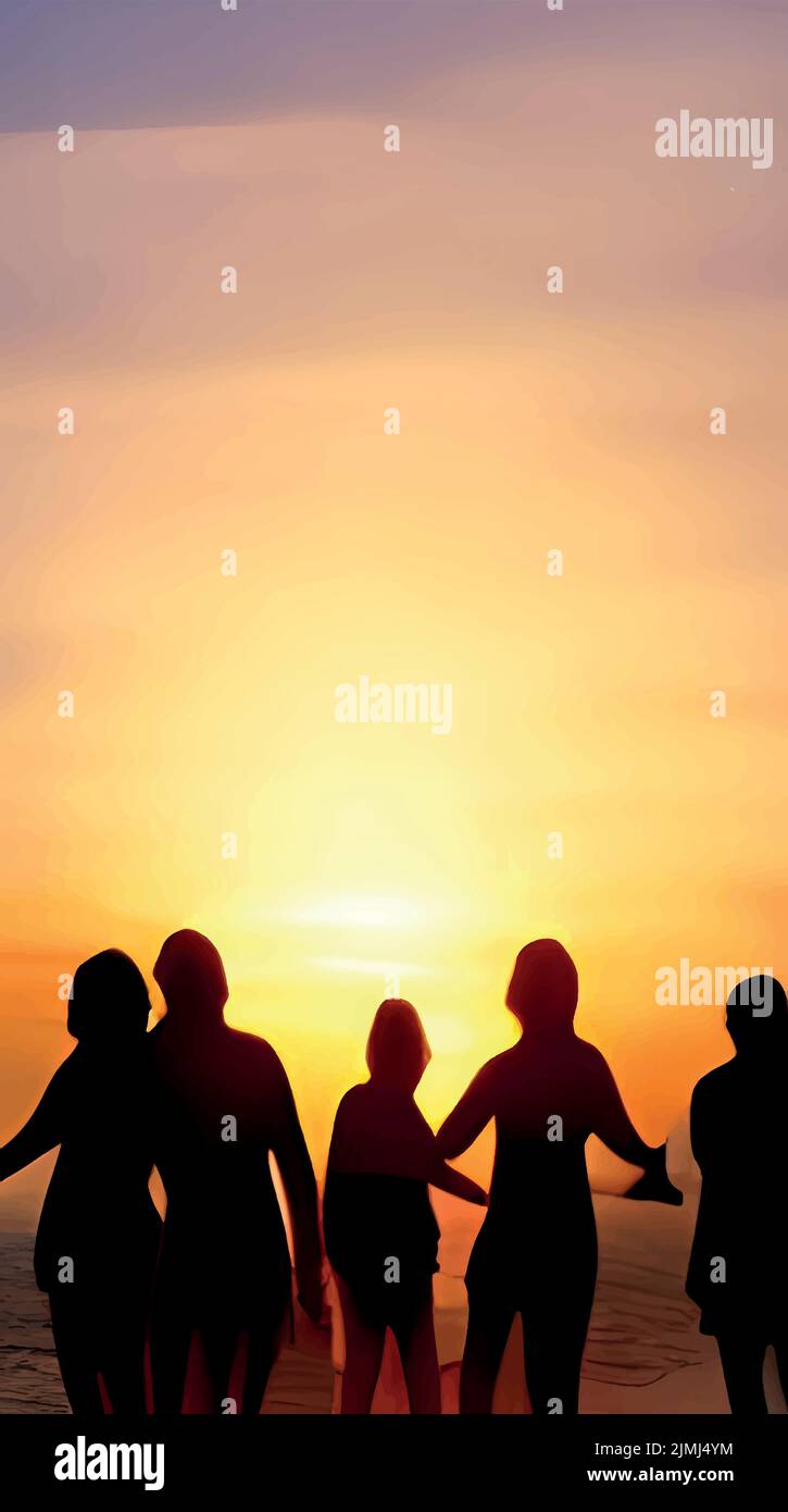A vertical design of people silhouettes on sunset background Stock ...