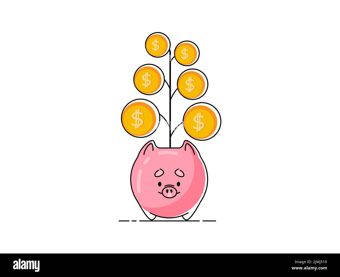 Money tree icon with dollars-coins growing out of a vase in the form of a piggy bank.Vector flat illustration isolated on a white background Stock Vector