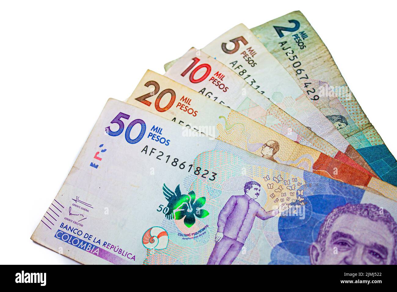 Colombian peso bills of value $2000, $5000, $10000, $20000 and $50000 pesos on white background, August 6, 2022 Stock Photo