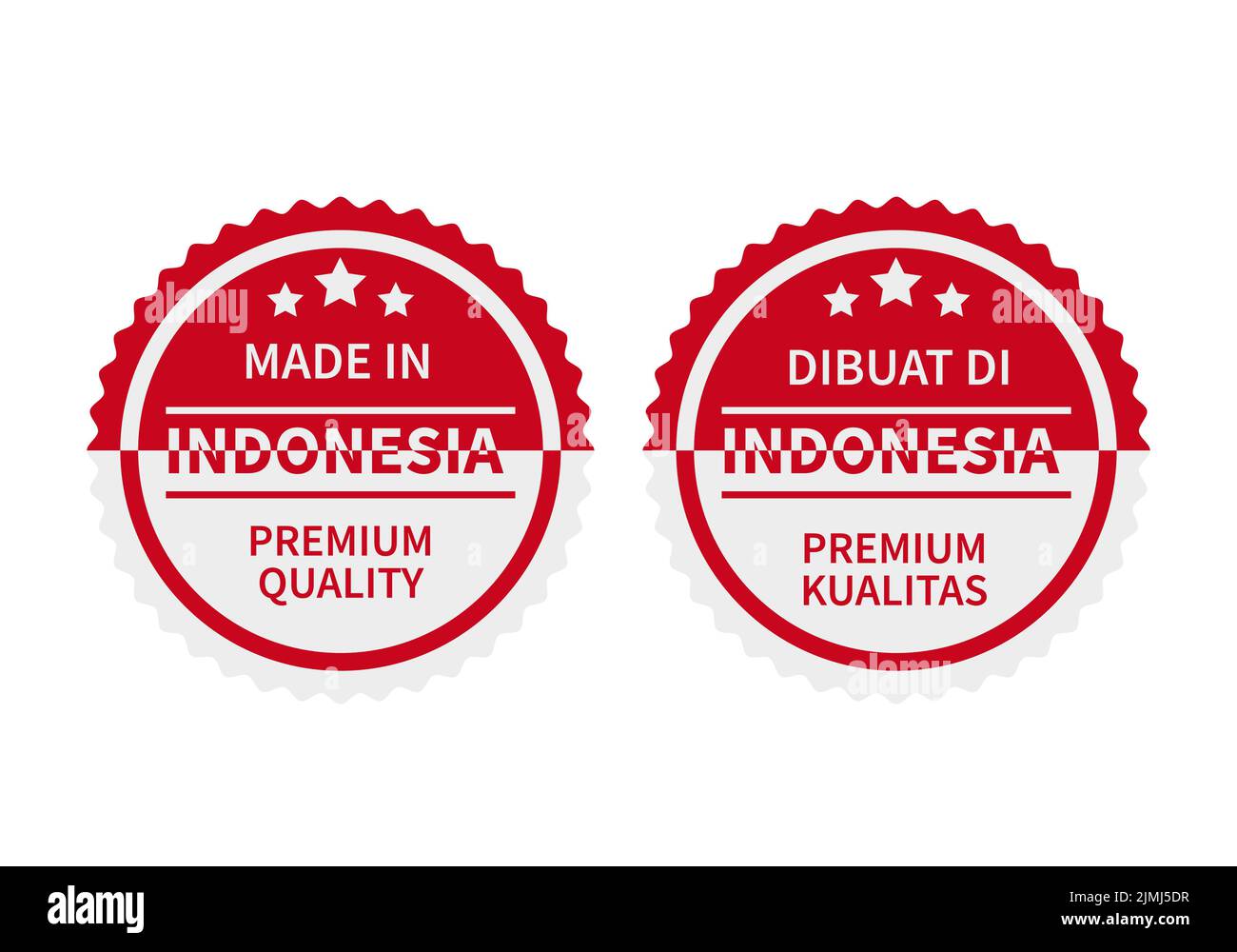 Made in Indonesia round labels in English and in Indonesian languages. Quality mark vector icon. Perfect for logo design, tags, badges, stickers, embl Stock Vector