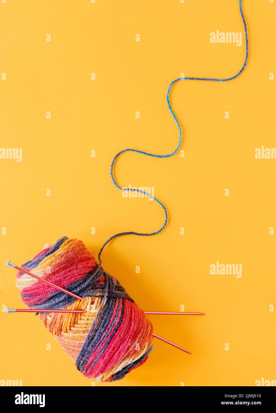 Flat lay knitting needles wool Stock Photo