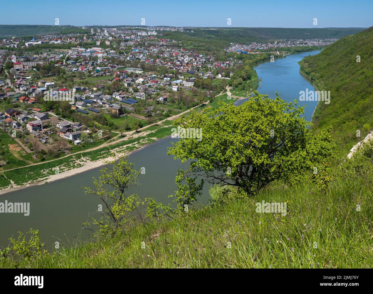 Amazing spring view on the Dnister River Canyon. View to Zalishchyky town,  Ternopil region, Ukraine. Stock Photo