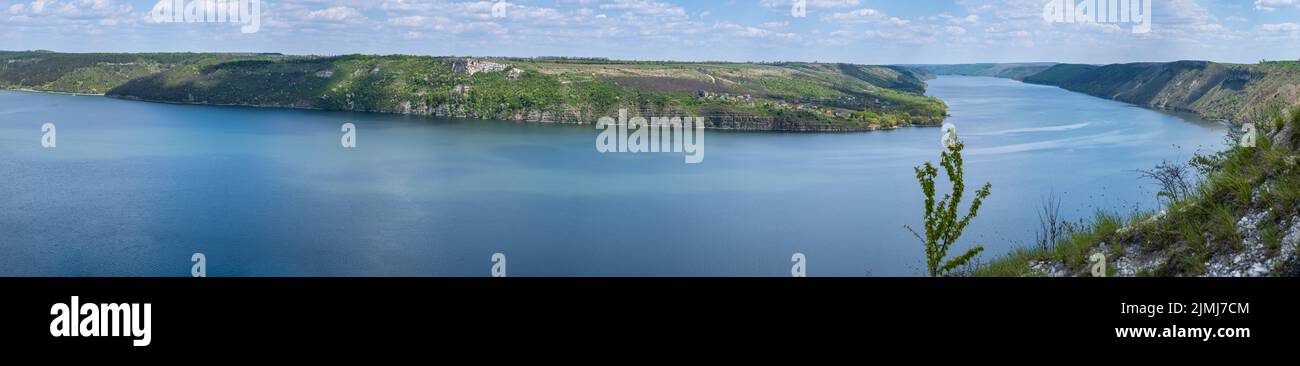 Amazing spring view on the Dnister River Canyon, Bakota Bay, Chernivtsi region, Ukraine. Stock Photo