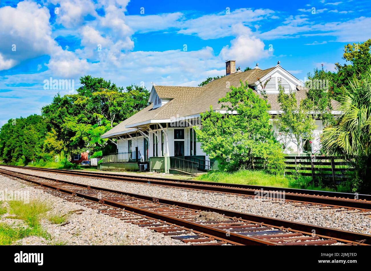 The Ocean Springs L&N Depot, now home to the Ocean Springs Chamber of Commerce and tourism bureau, is pictured,  in Ocean Springs, Mississippi. Stock Photo