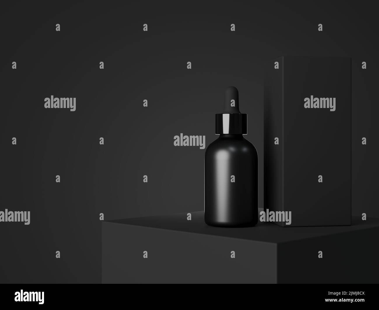Black cosmetic dropper bottle and box mockup, facial serum packaging
