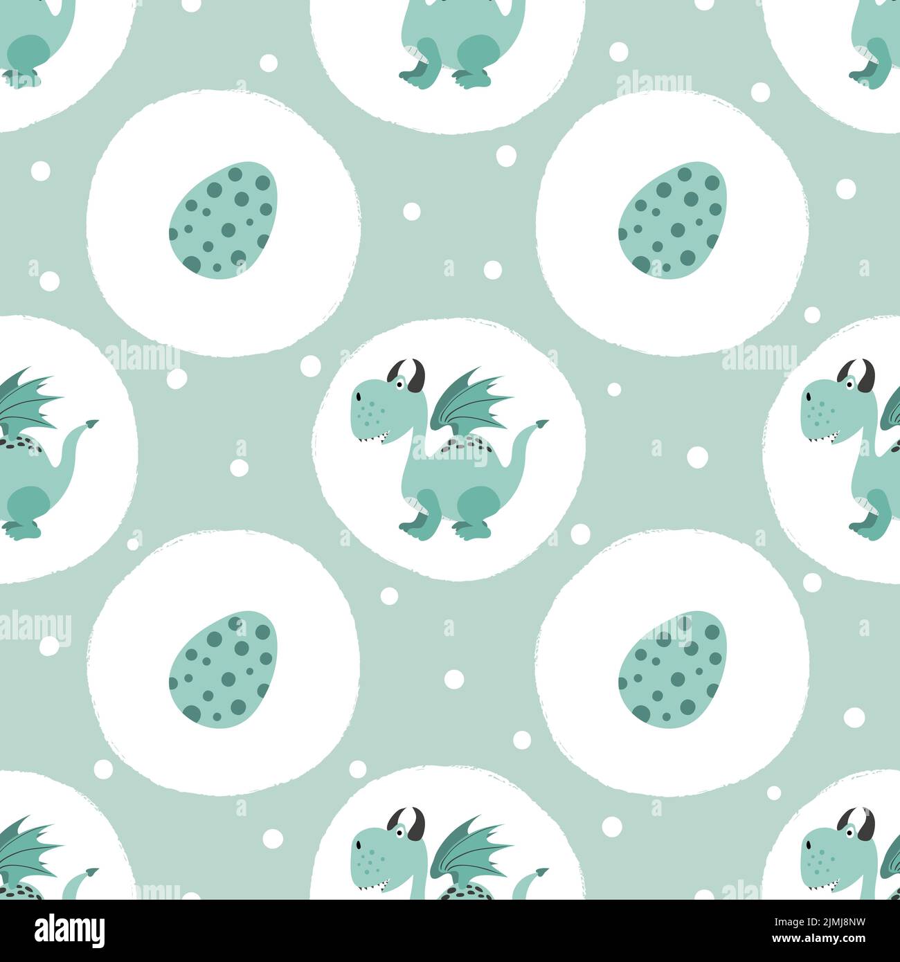 Seamless childish pattern with cute dragon and eggs. Vector cartoon ...