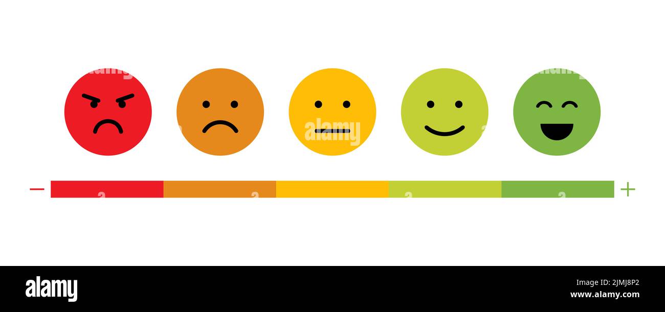Badge with happy and unhappy faces icons. Feedback rating scale of red