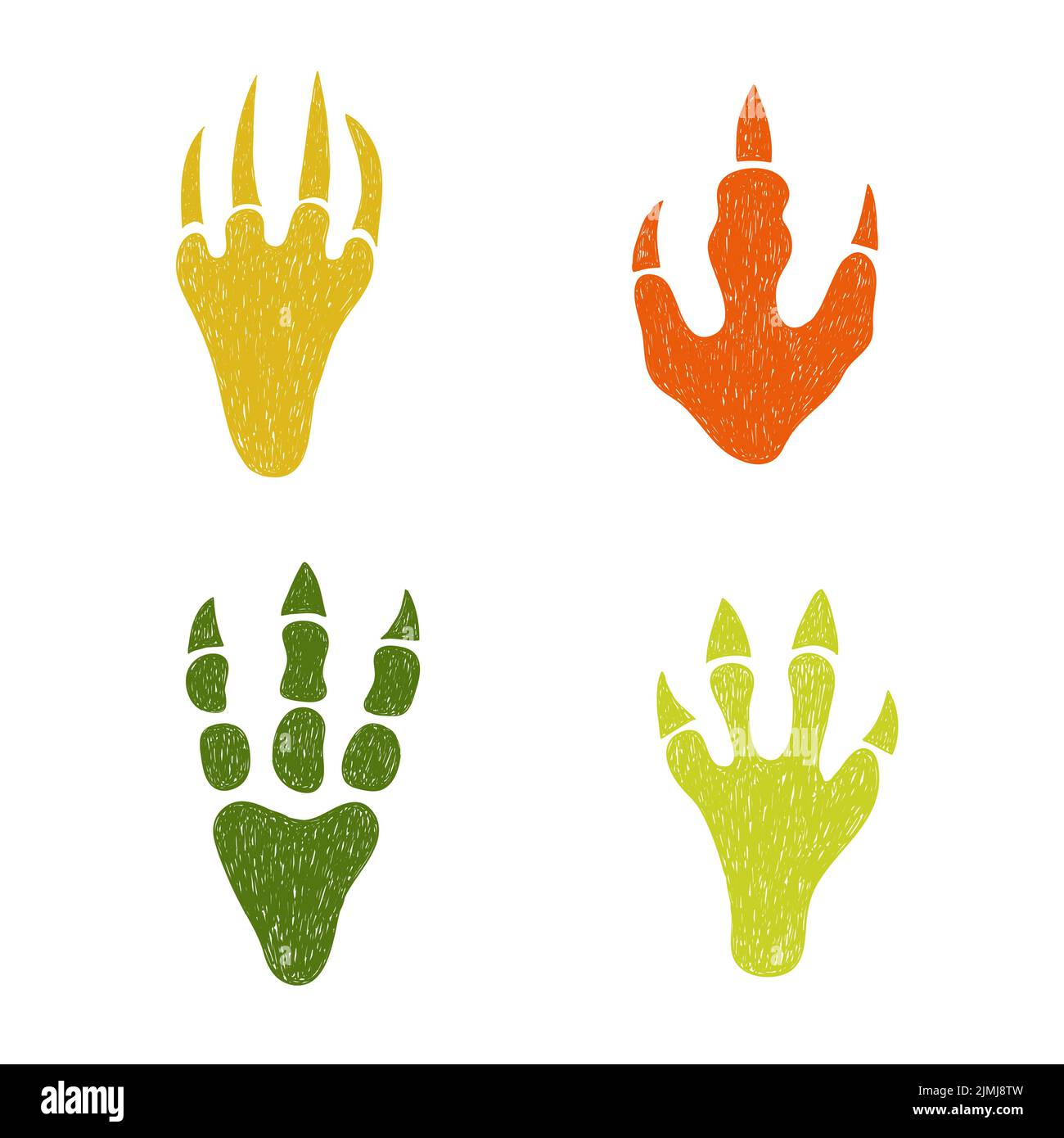 Dinosaur footprint set. Doodle colorful vector illustration of dinosaur paws with claws. Stock Vector