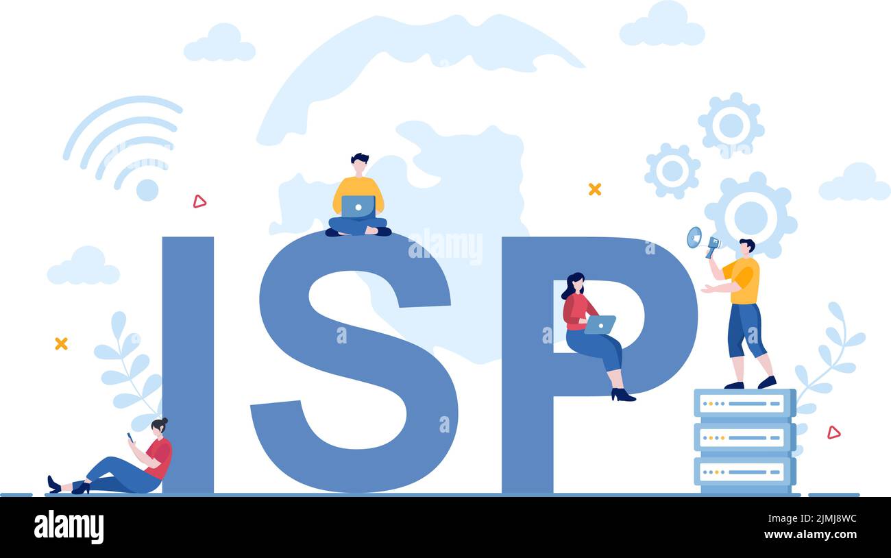 ISP or Internet Service Provider Cartoon Illustration with Keywords and Icons for Intranet Access, Secure Network Connection and Privacy Protection Stock Vector