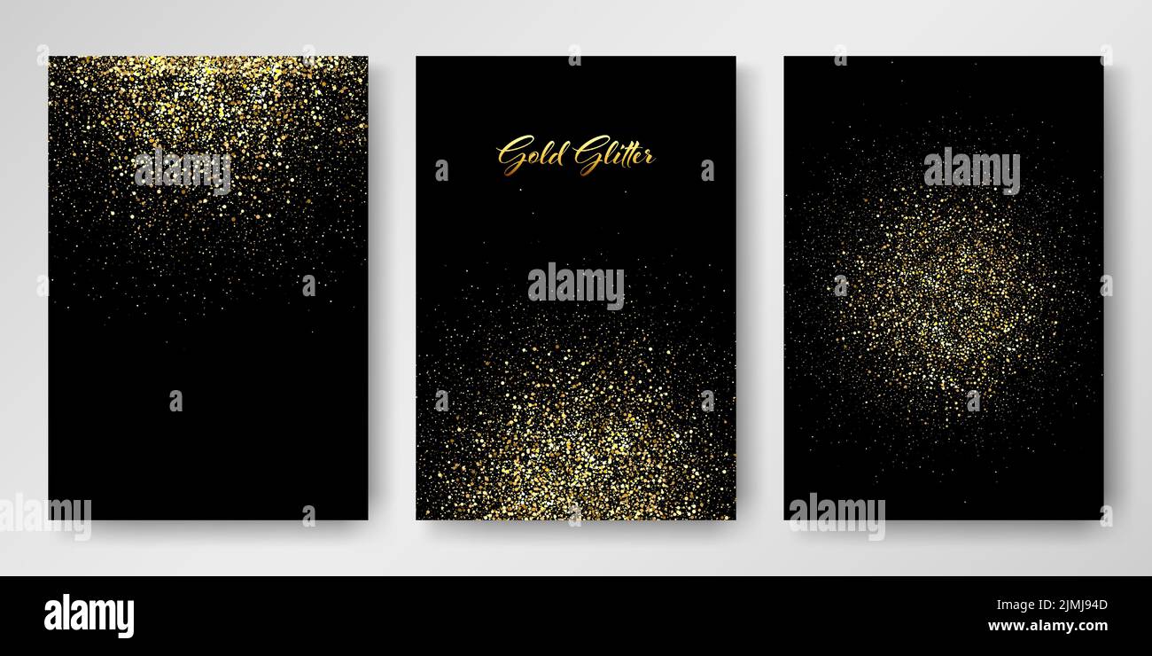 Three gold glitter invitation design templates. Holiday cards