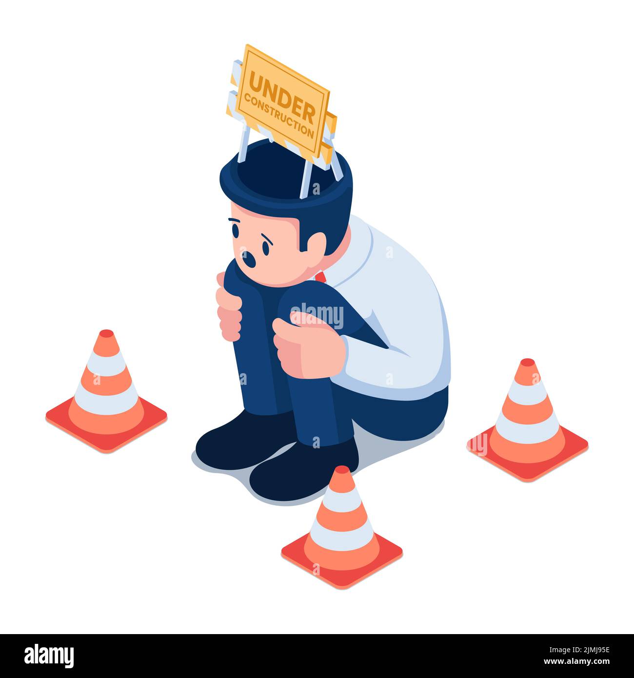 Flat 3d Isometric Businessman with Construction Sign Inside His Head. Out of Idea and No Inspiration Concept. Stock Vector