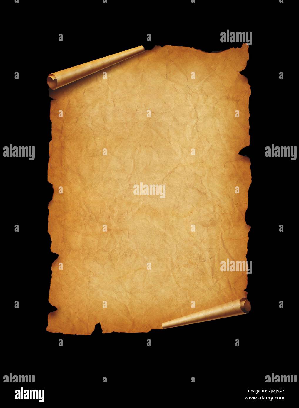 Old mediaeval paper sheet. Parchment scroll isolated on black Stock Photo