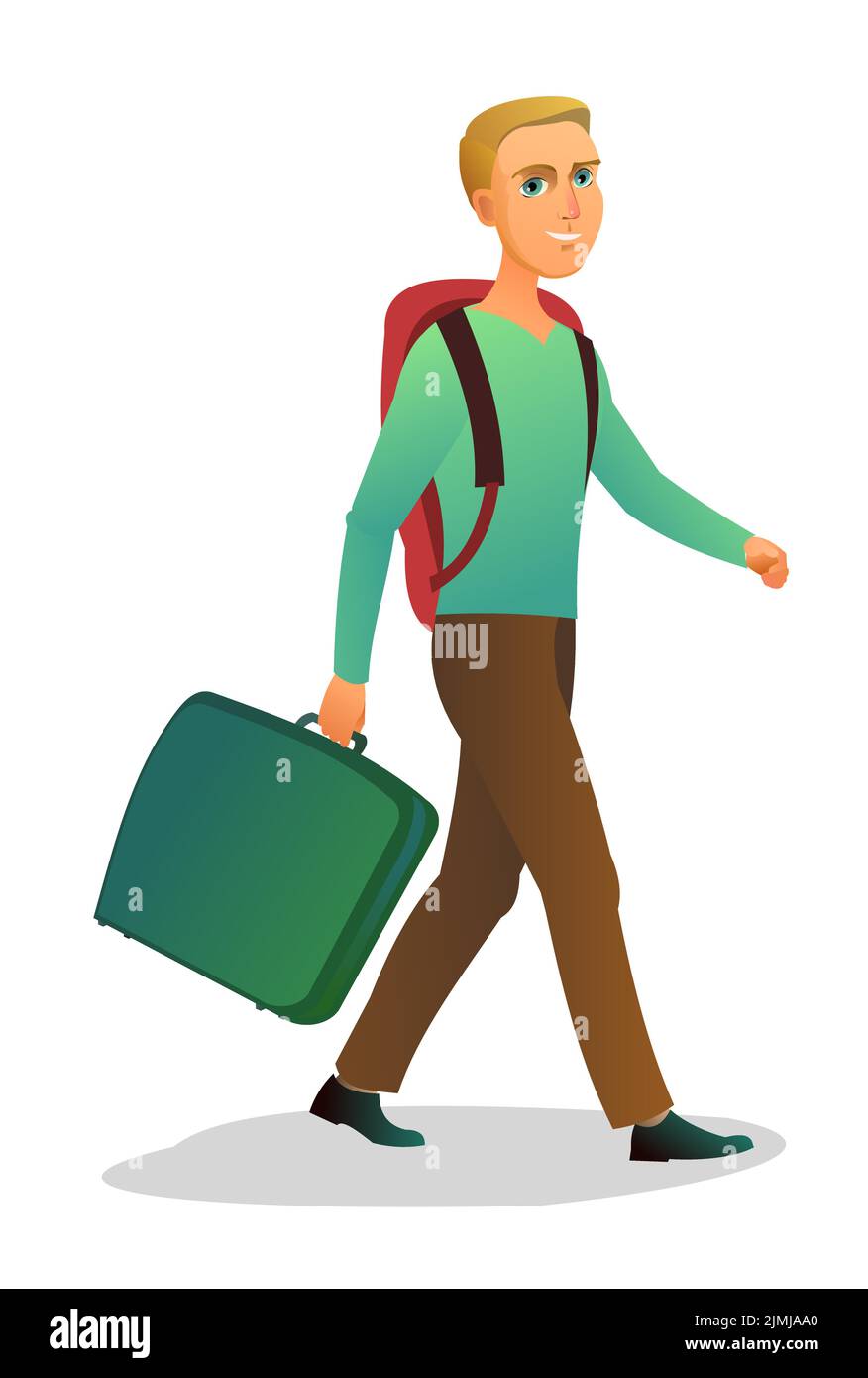 Tourist with backpack and suitcase. Walks and smiles. Goes on trip. Traveler on road. Isolated on white background. Vector. Stock Vector
