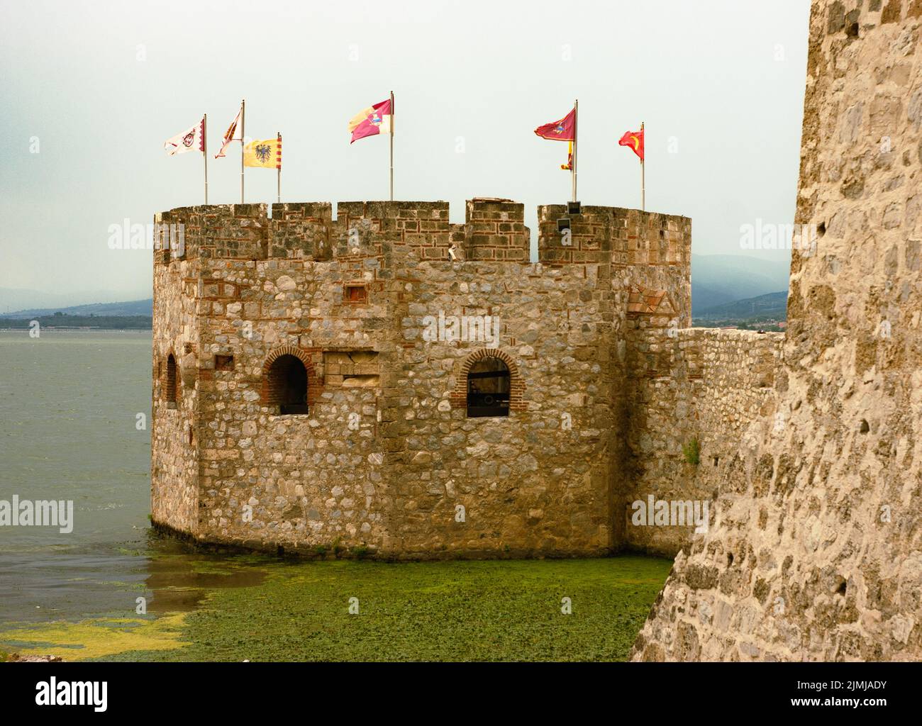 Golubac Fortress from medieval times sits at the Danube River in a unique picturesque site. It has been rebuilt with a museum in its interior. Stock Photo