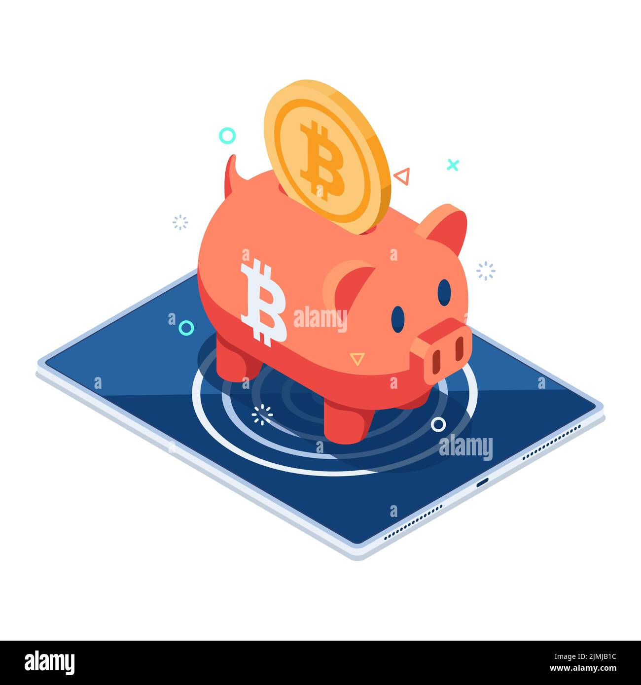 Flat 3d Isometric Bitcoin Piggy Bank on Digital Tablet. Bitcoin Saving and Cryptocurrency Hardware Wallet Concept. Stock Vector