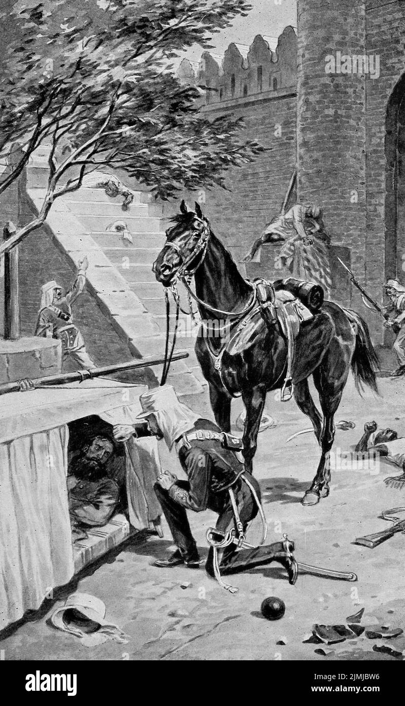 Lieutenant Frederick Roberts finding the mortally wounded General Nicholson by the Kashmir Gate during the Siege of Delhi. Stock Photo