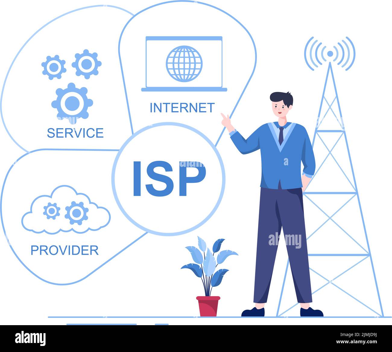 ISP or Internet Service Provider Cartoon Illustration with Keywords and Icons for Intranet Access, Secure Network Connection and Privacy Protection Stock Vector