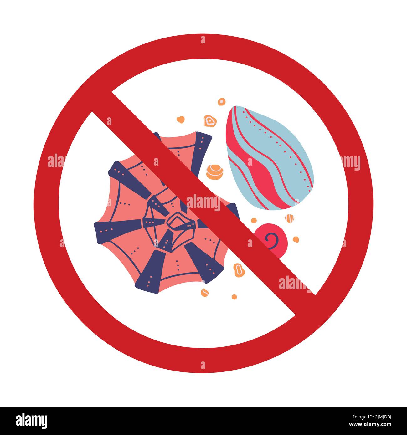 Vector seashells in the prohibition sign. Allergy danger. Forbidden sign with shellfish for stickers. Do not disturb rare marine inhabitants. Conch Stock Vector