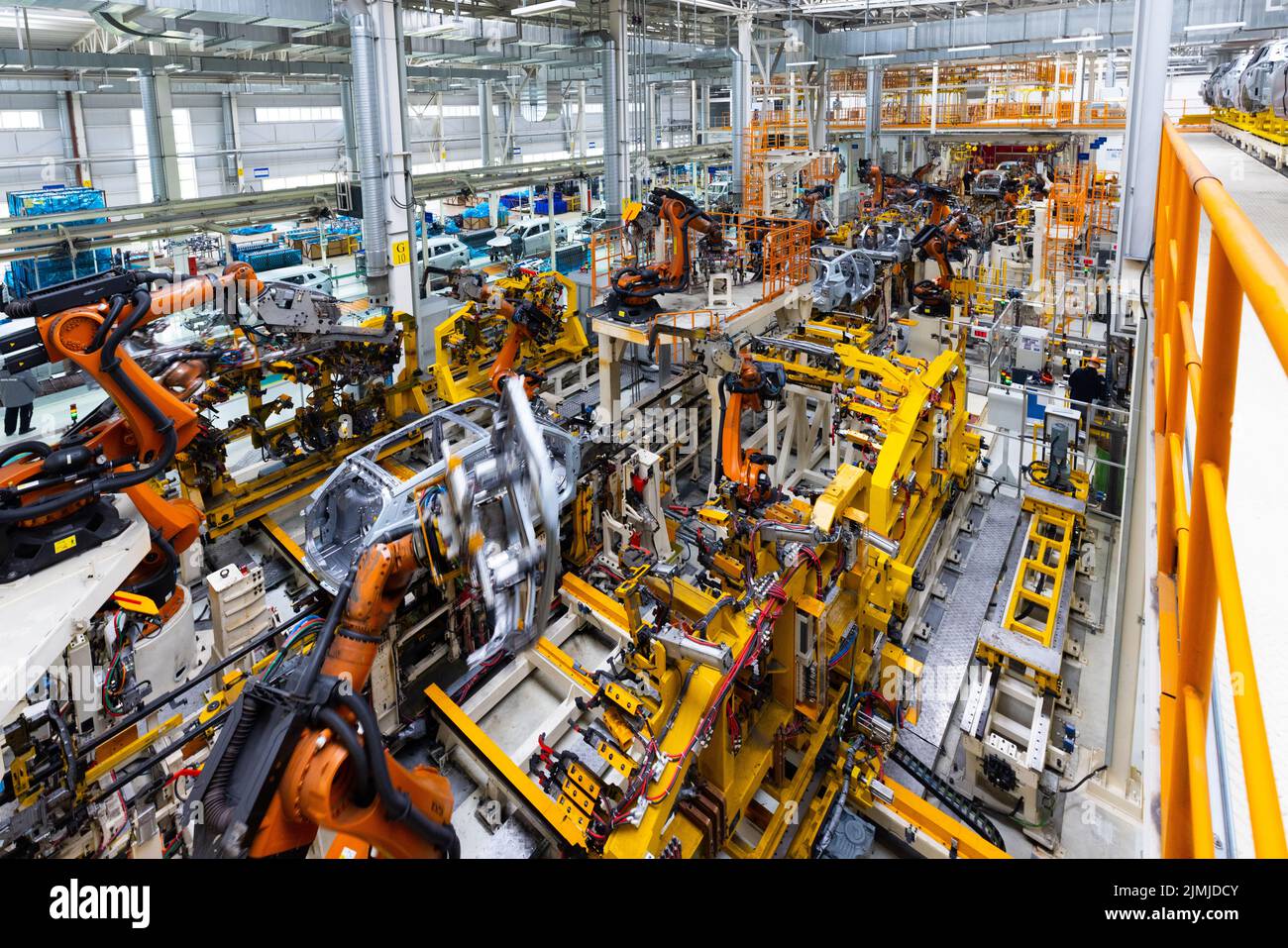 Automobile production line. Welding car body. Modern car assembly plant. Top view Stock Photo
