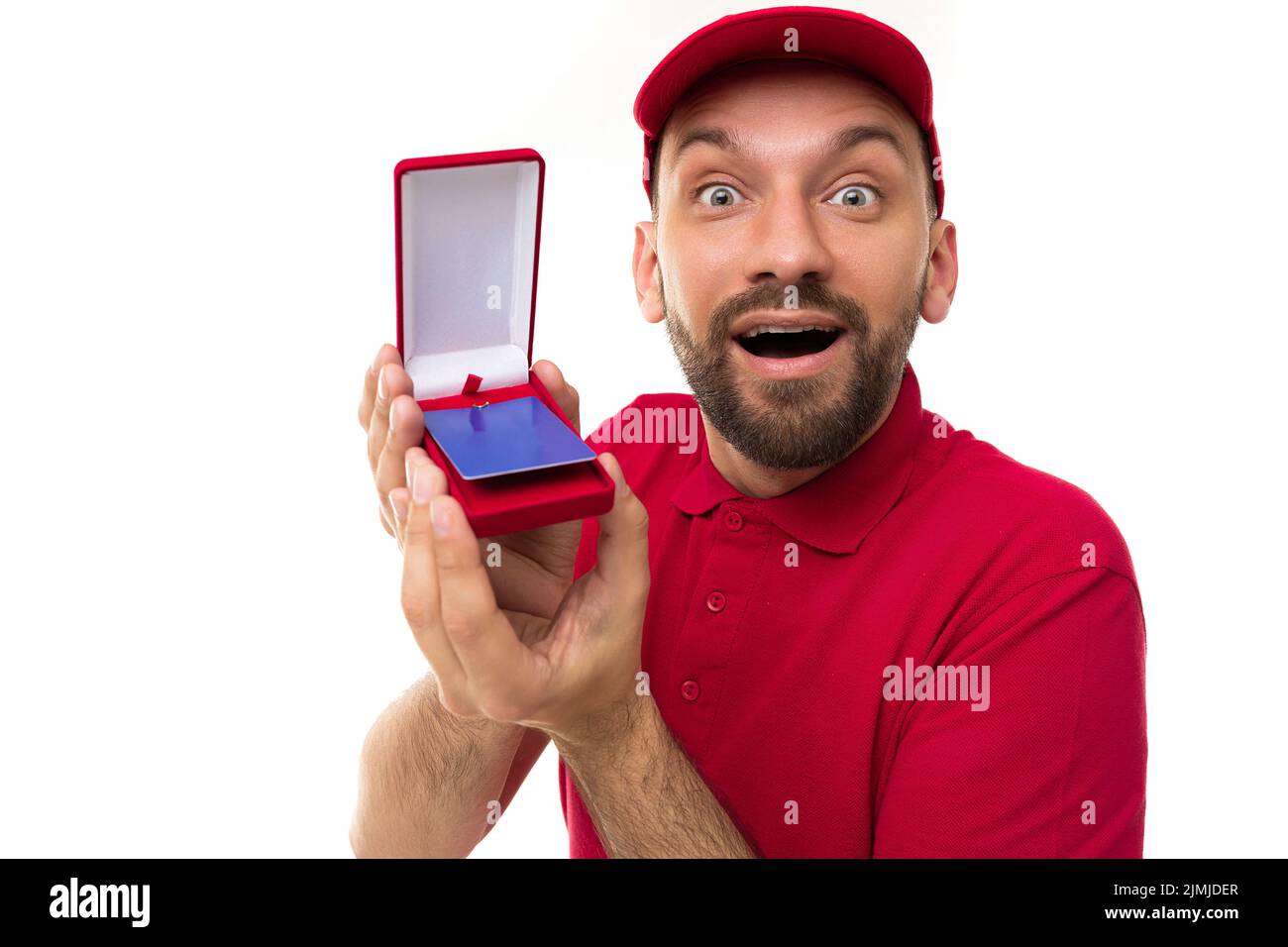 Delivery service couriers demonstrate a discount promotional card Stock Photo