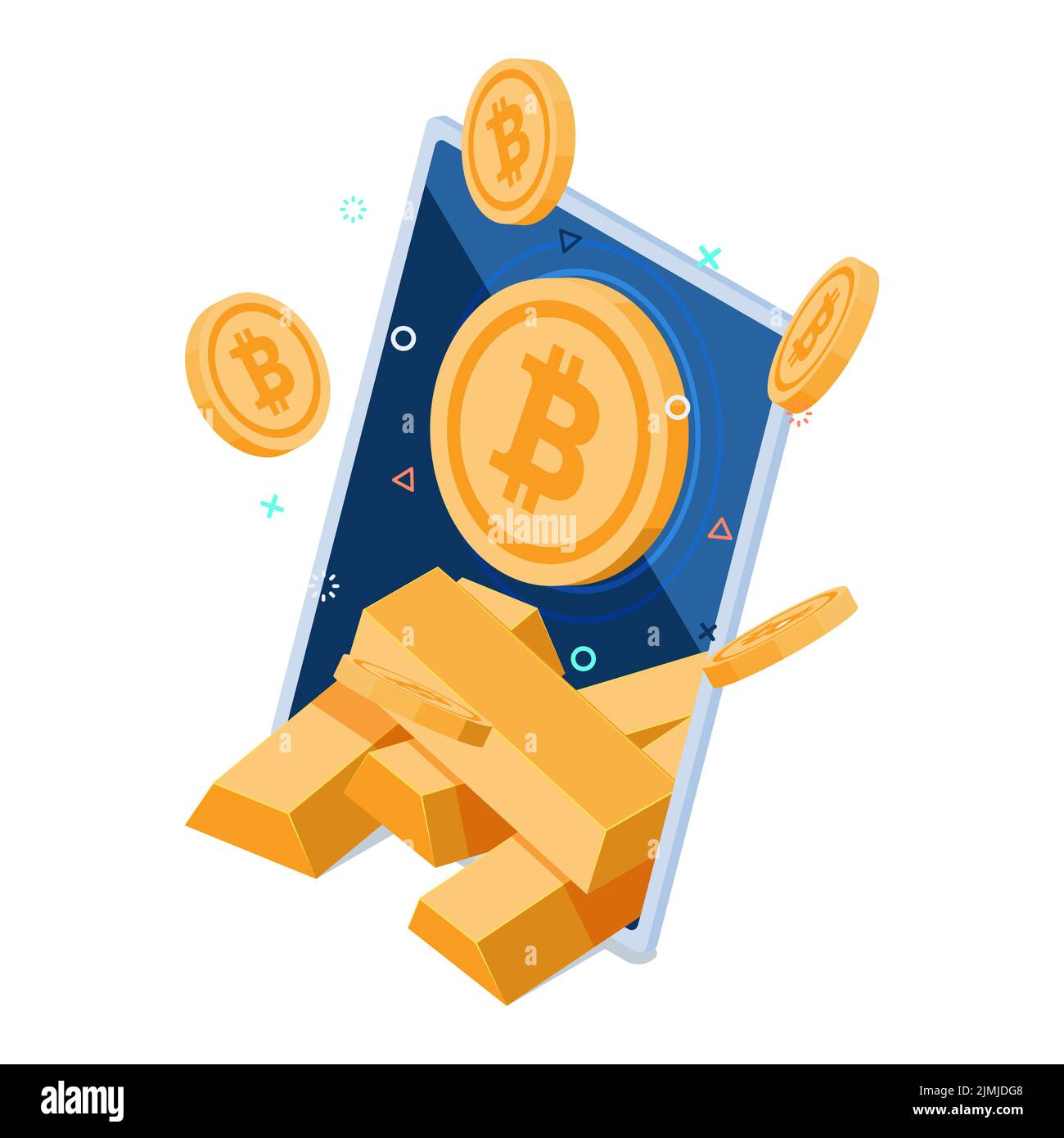 Flat 3d Isometric Bitcoin with Gold Bar Inside Smartphone. Bitcoin is Often Referred to as Digital Gold. Cryptocurrency and Blockchain Technology Conc Stock Vector