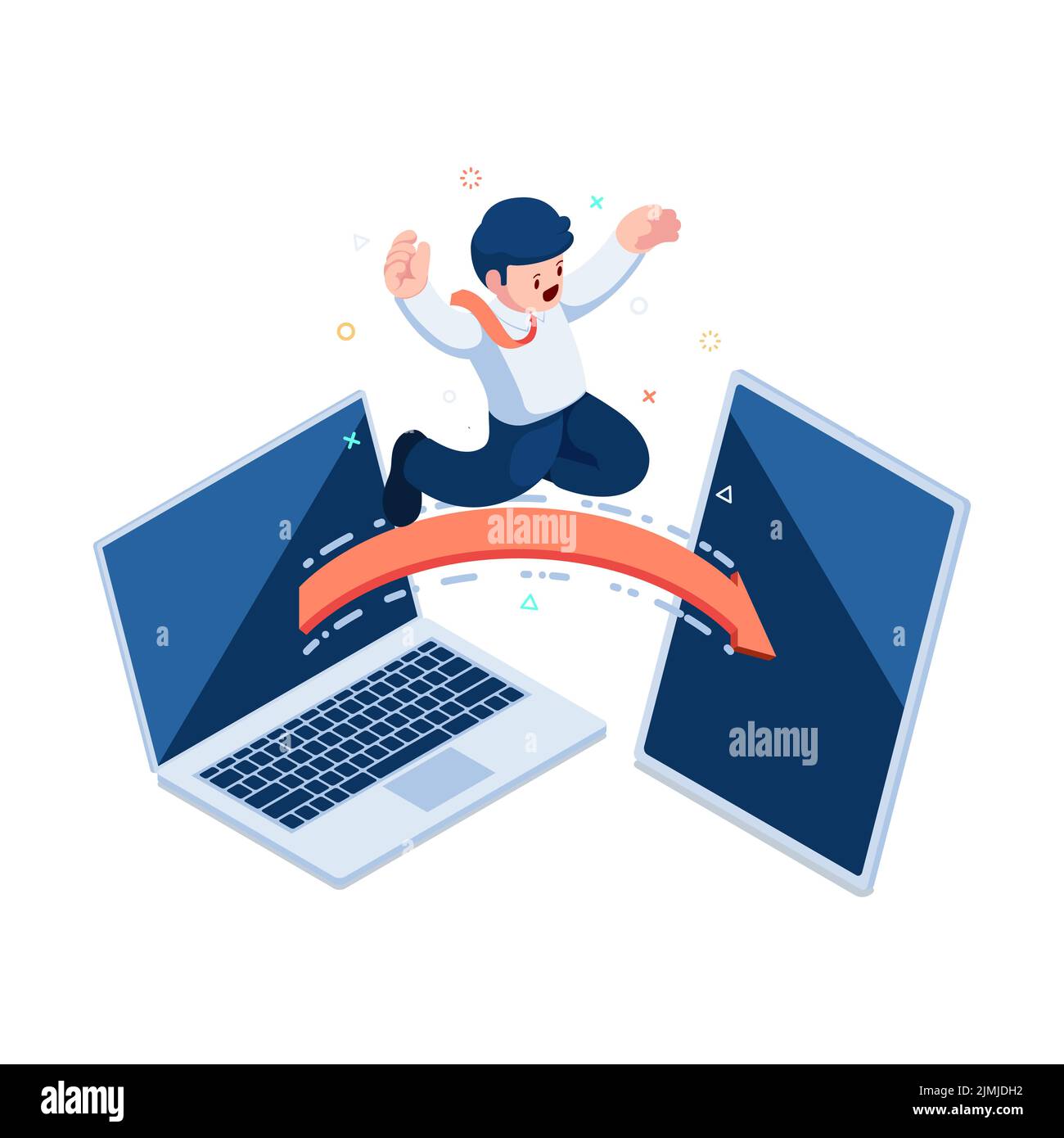 Flat 3d Isometric Businessman Jumping from Laptop to Digital Tablet. Cross Platform Software Development for Desktop and Mobile devices. Stock Vector