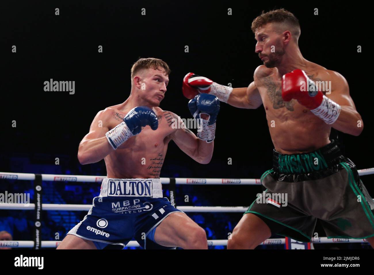 Sheffield, UK. 06th Aug, 2022. Utilita Arena Sheffield, Sheffield, South Yorkshire, 6th August 2022 Dalton Smith (Blue/White Shorts) vs Sam O'Maison (Brown/Green Shorts) fighting for the British Super-Lightweight Title on Matchroom NXTGEN fight night at the Utilita Arena in Sheffield. Credit: Touchlinepics/Alamy Live News Stock Photo