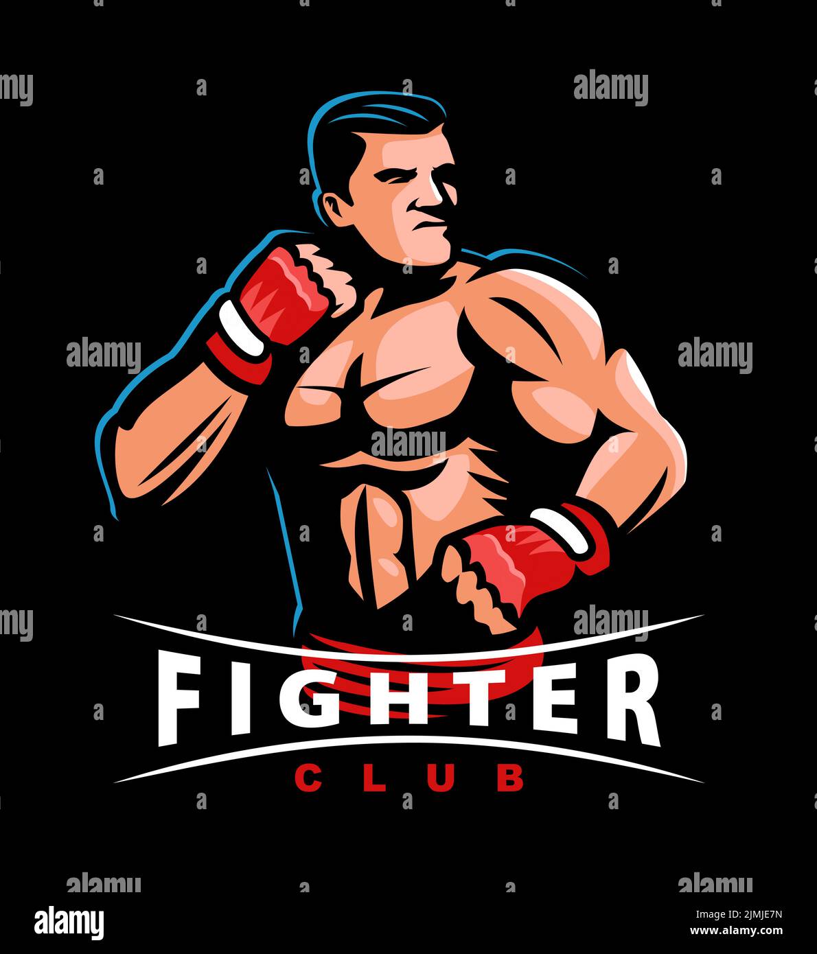 Fighter in fighting stance with fists in gloves for fight. MMA, boxing label and emblem. Sports mascot vector Stock Vector