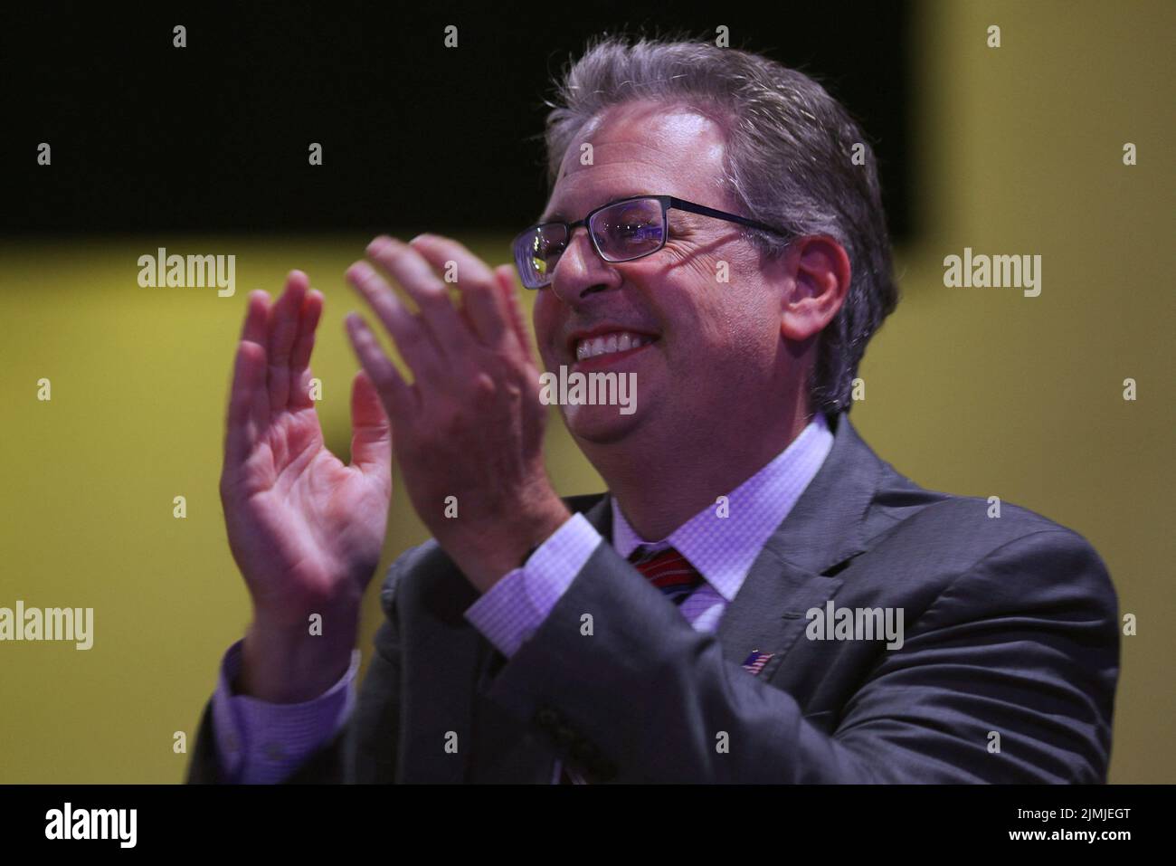 Republican candidate for Attorney General of Michigan Matthew DePerno reacts as he is recognized by former U.S. President Donald Trump at the Conservative Political Action Conference (CPAC) in Dallas, Texas, U.S., August 6, 2022.  REUTERS/Brian Snyder Stock Photo