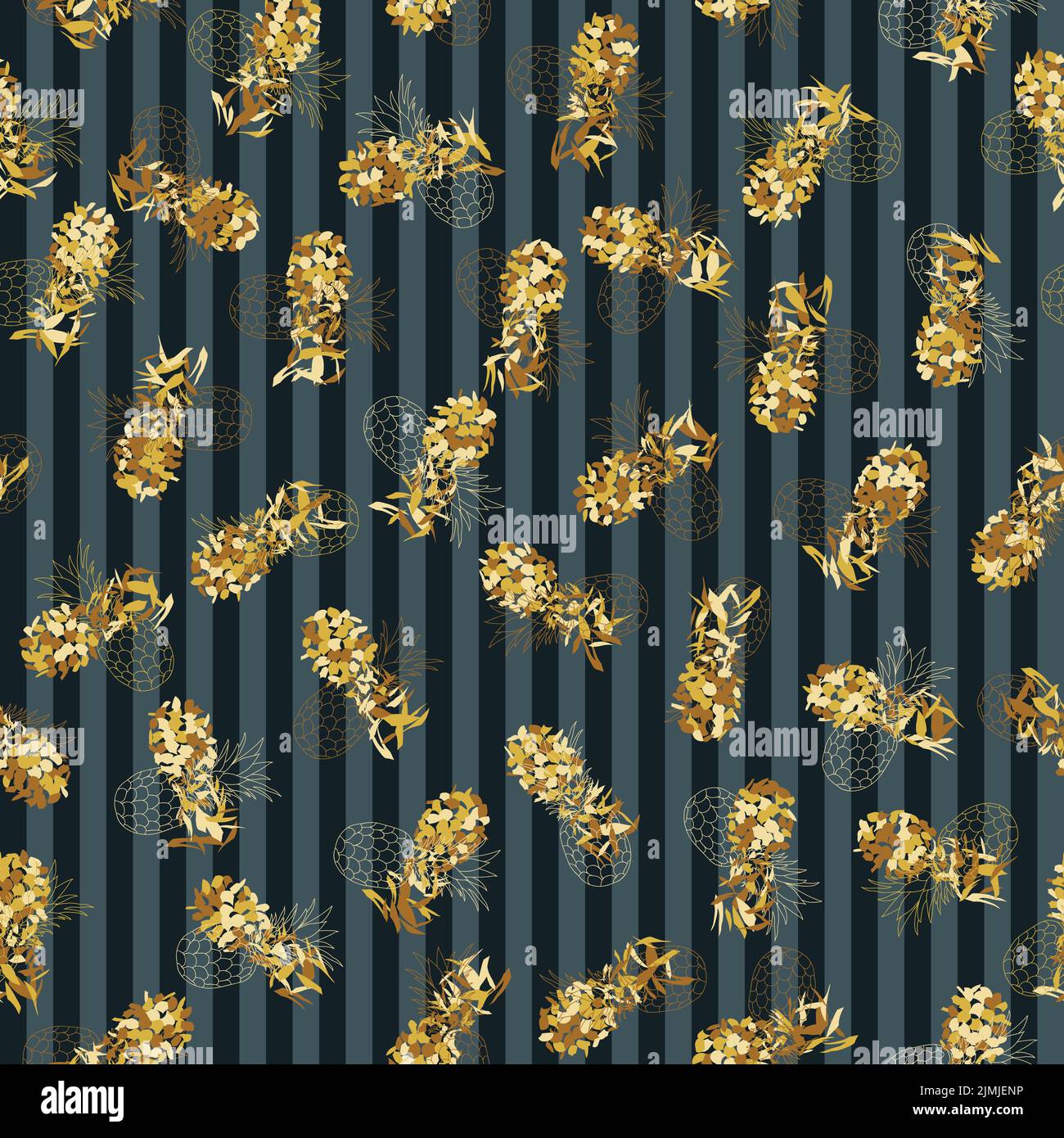 Pineapple fruit fashion colored seamless pattern on a black striped ...