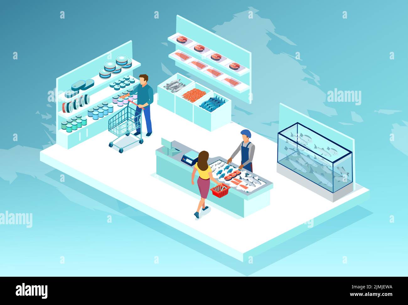 Vector of people men and women shopping in a sea food store Stock Vector