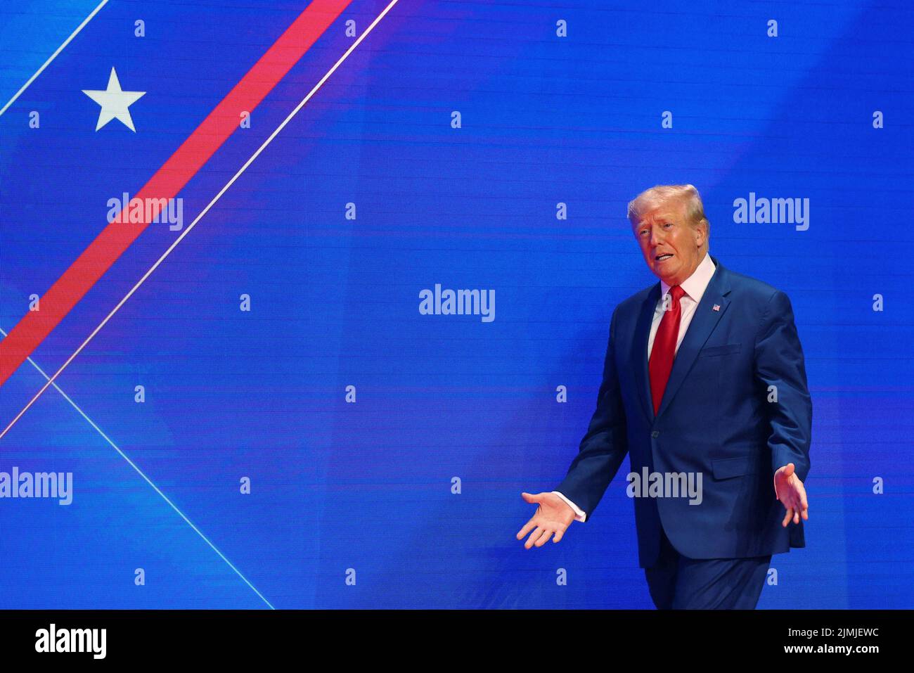 Former U.S. President Donald Trump takes the stage at the Conservative Political Action Conference (CPAC) in Dallas, Texas, U.S., August 6, 2022.  REUTERS/Brian Snyder Stock Photo